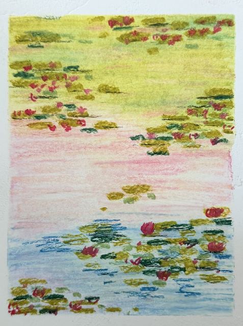 Lily pond, oil pastel drawing by Ariana Singh
