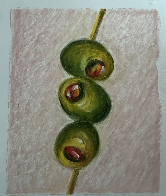 Olive skewer, oil pastel drawing by Ariana Singh
